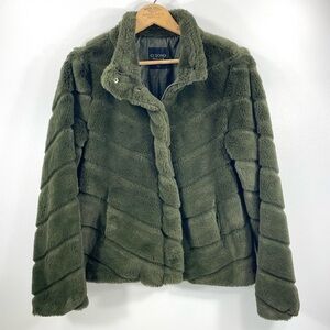 Ci Sono Olive Green Luxe Faux Fur Chevron Pattern Sporty Bomber Moto Jacket L